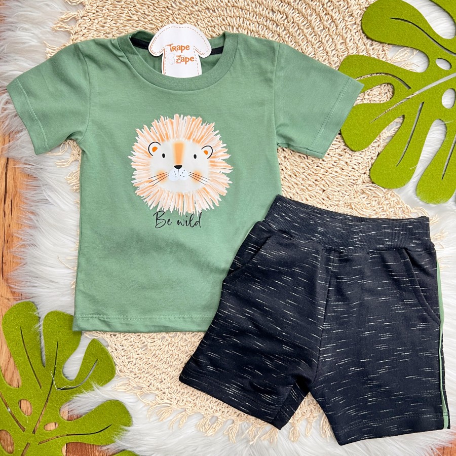 Conj. Camiseta Lion Be Wild e Bermuda - Verde e Preto